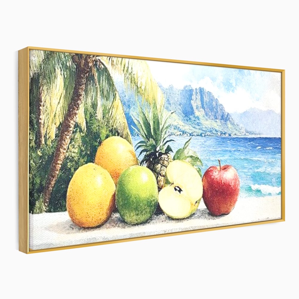 Tablou canvas cu natura moarta cu fructe tropicale si ocean, in rama de aluminiu auriu